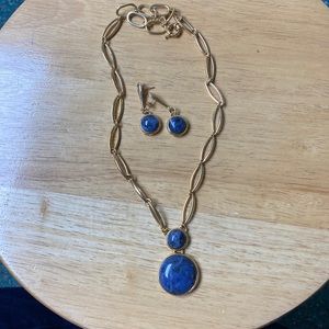 Blue and gold earrings and necklace